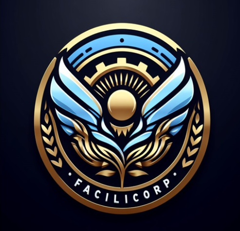 Logo of Facilicorp Solutions featuring stylized wings and an engine turbine in blue, gold, and silver colors encircled by a ring.